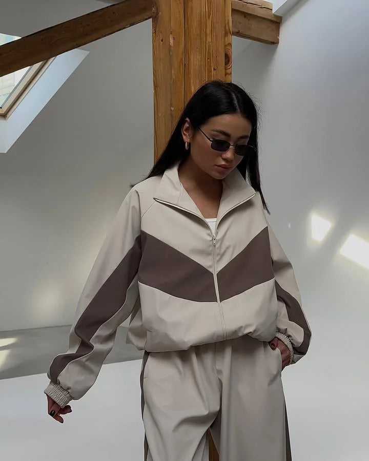 Casual Contrast Color Zipper Tracksuit Set for Women