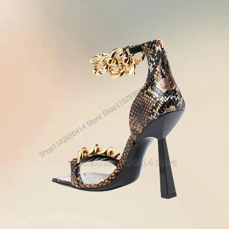 Snakeskin Print Gold Chain Decor Open Toe Sandals for Women