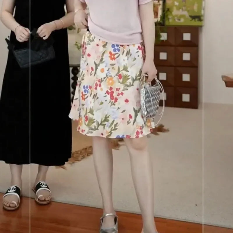 High Waist Painterly Print Satin Midi Dress For Women