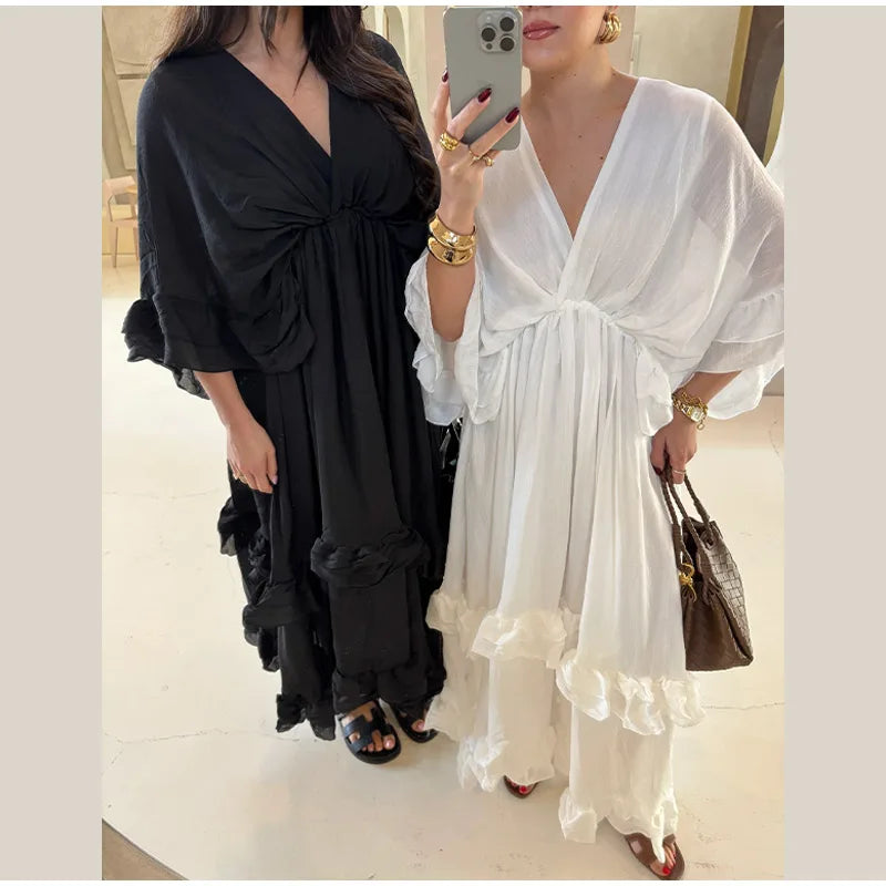 Ruffled V Neck Pleated Ankle Length Dress for Women
