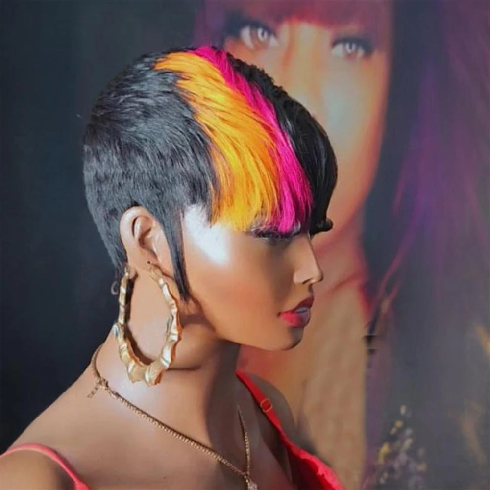 Short Layered Pixie Cut Human Hair Wig With Bangs for Women