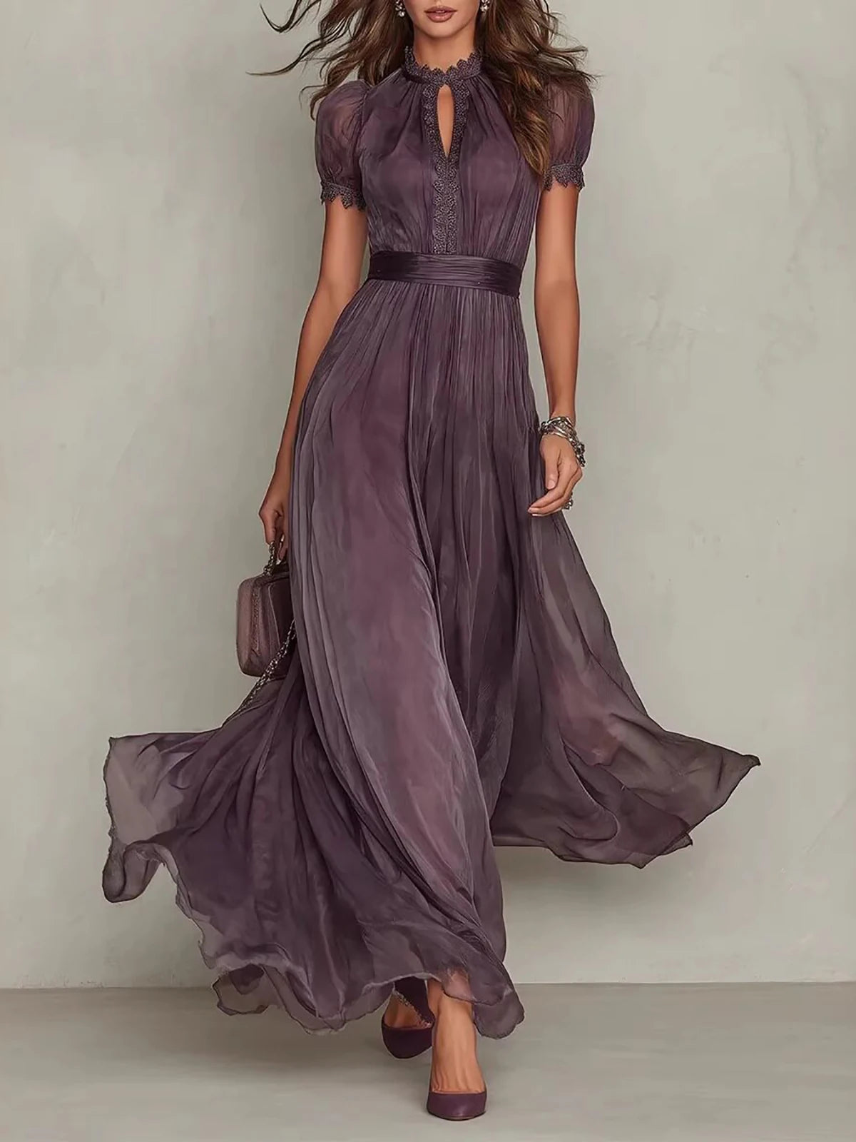 Elegant Lace Trim Chiffon Maxi Evening Dress for Women