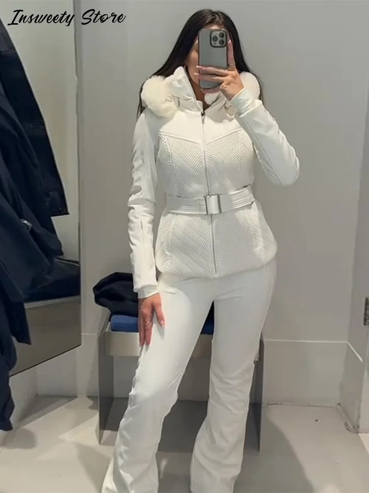 Warm Fur Trim Hooded Winter Ski Suit with Belt for Women