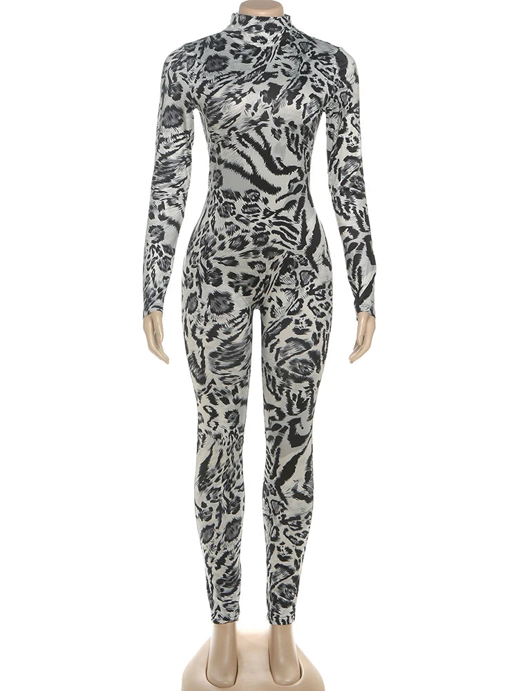 Leopard Print Turtleneck Slim Fit Jumpsuit for Women