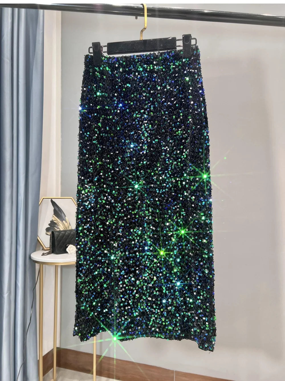 Blingbling New Autumn Winter All-match Mid-long Bodycon Skirt Colorful Sequins Elastic High Waist Slimming Lady Pencil Skirts