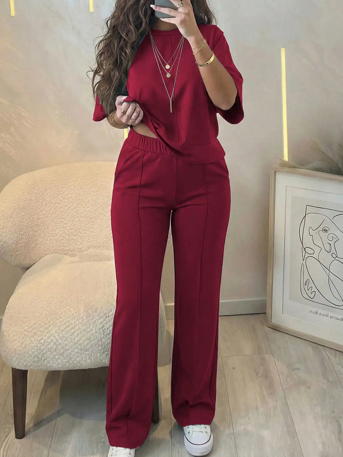 New Spring and Summer Ladies' Set: Comfortable Solid-Color Short-Sleeve Top with Elastic Waist Pocketed Long Pants Two-Piece Set, Soft Stretch Polyester-Acrylic Fabric