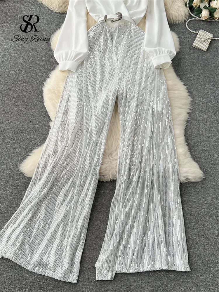Sequined Patchwork V Neck Wide Leg Jumpsuit for Women