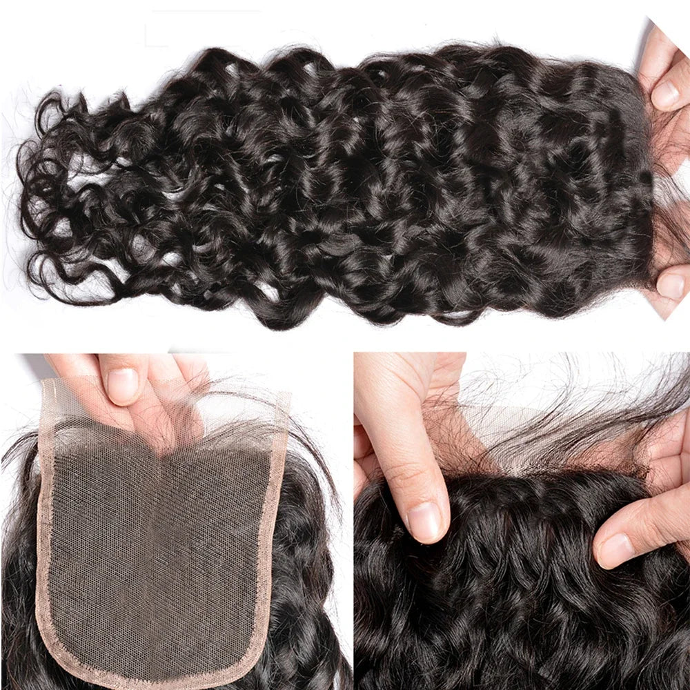 Water Wave Human Hair Bundles With Lace Closure for Women