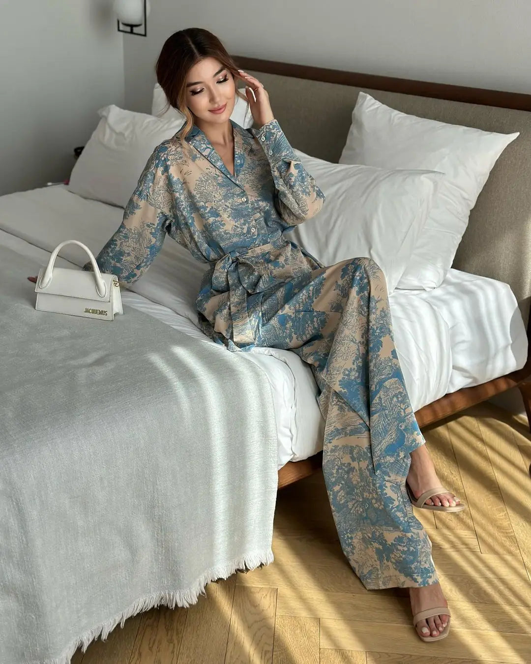 Elegant Print Two Piece Set With Long Sleeve Shirt And Wide Leg Pants for Women