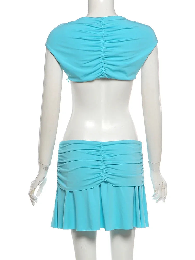 Blue Patchwork Buckle V Neck Bodycon Mini Dress for Women