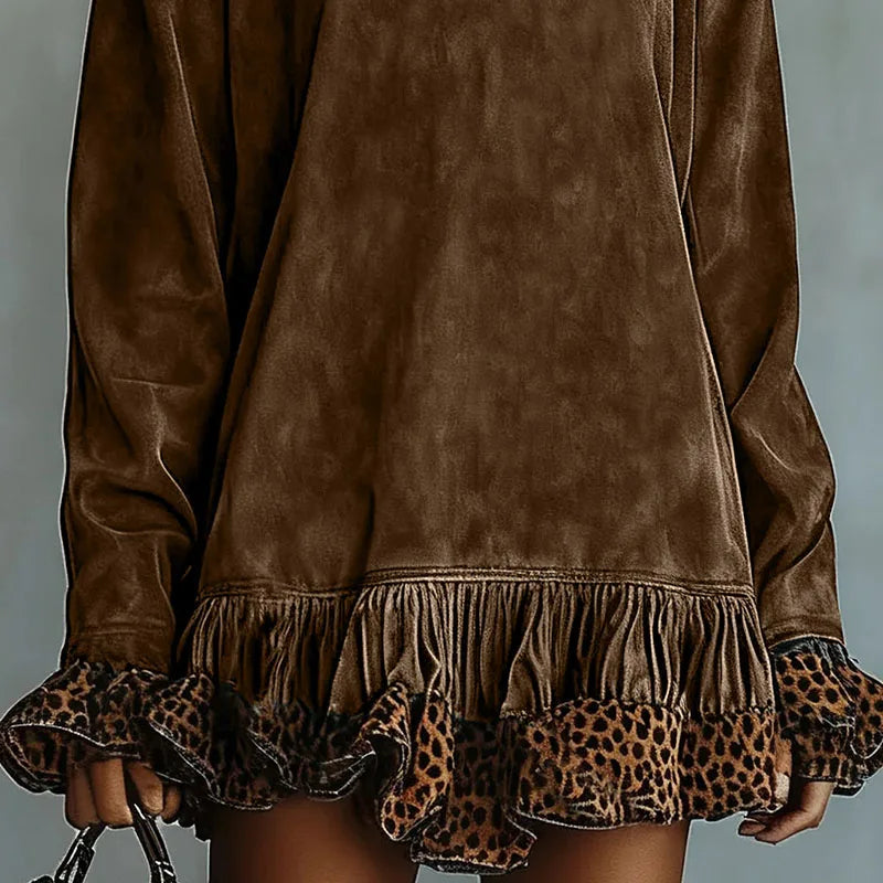 Vintage Fashion Patchwork Leopard Ruffle Dress Woman Casual Turtleneck Slim Mini Dress Autumn Long Sleeve Female Pullovers Dress