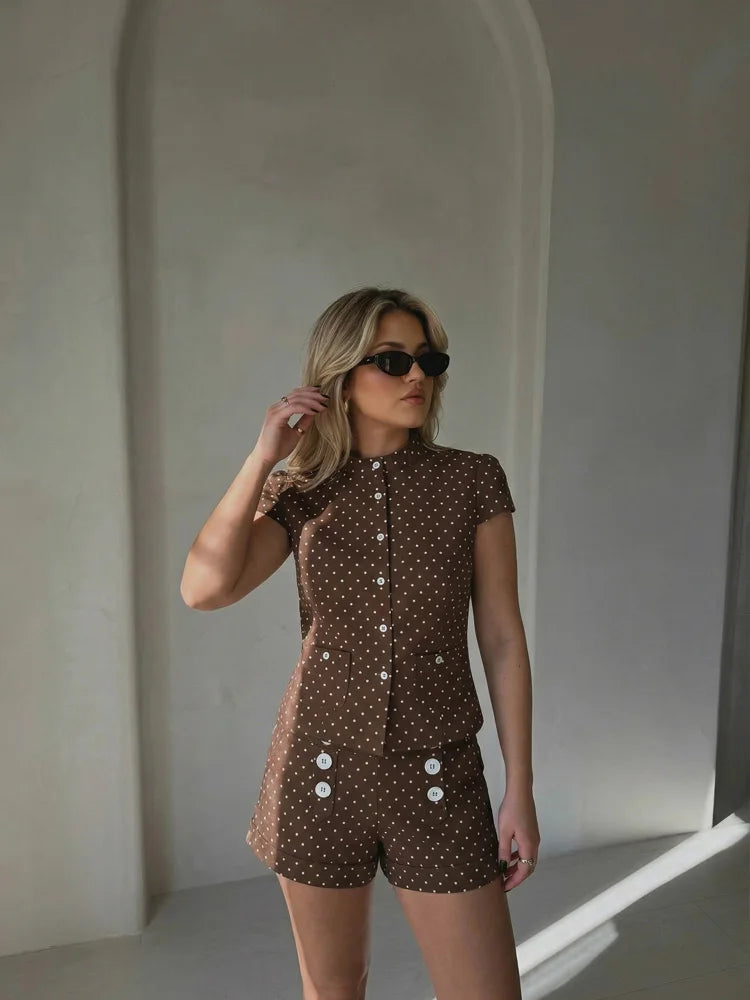 Elegant Polka Dot Button T Shirt and Shorts Set for Women