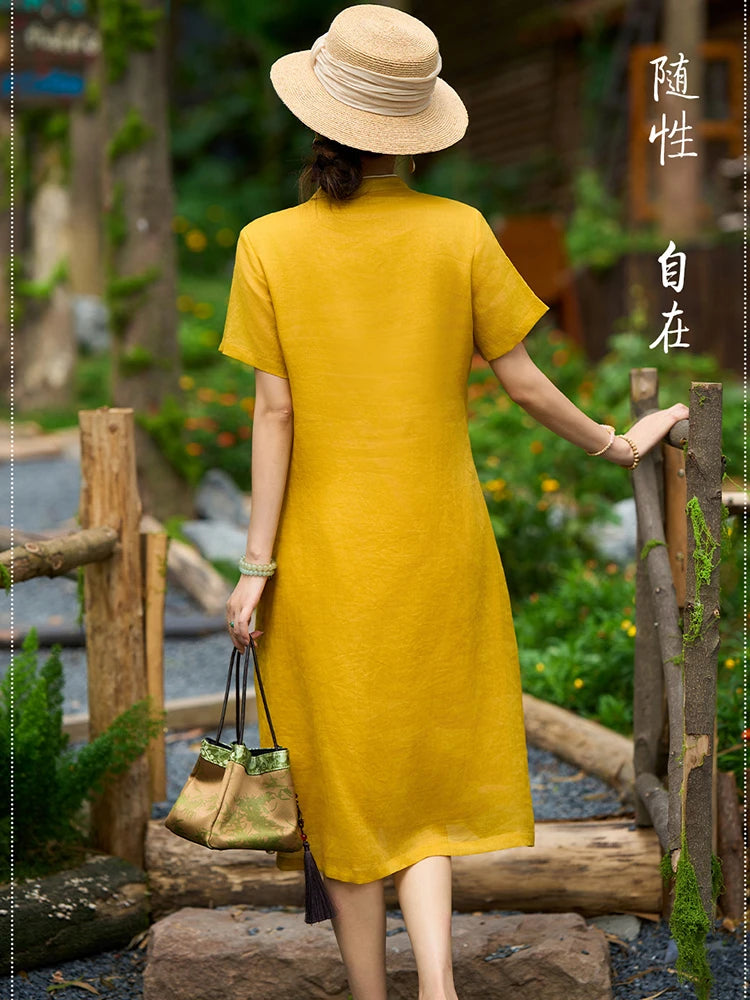 Linen Mandarin Collar Embroidered Cheongsam Dress for Women