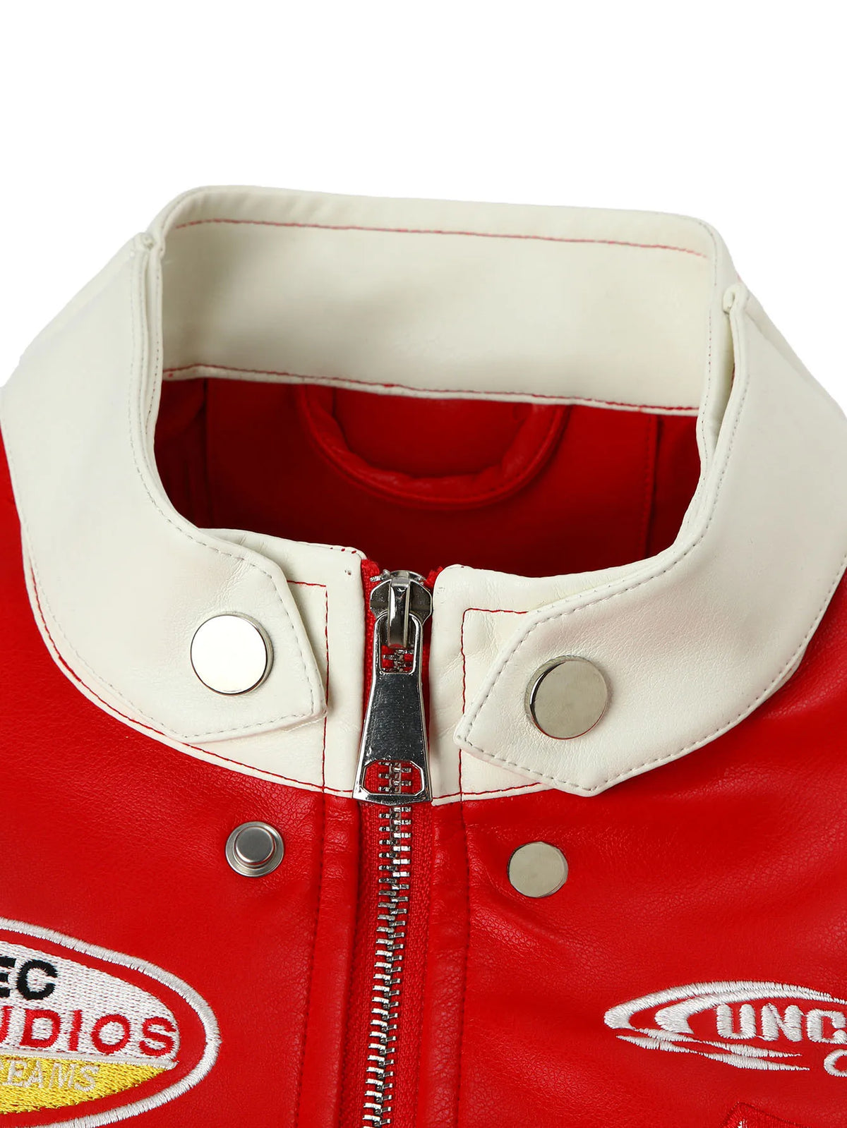 Contrasting Color Embroidered PU Leather Jacket for Women