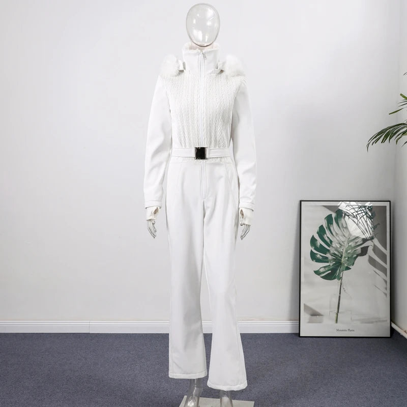 Warm Fur Trim Hooded Winter Ski Suit with Belt for Women