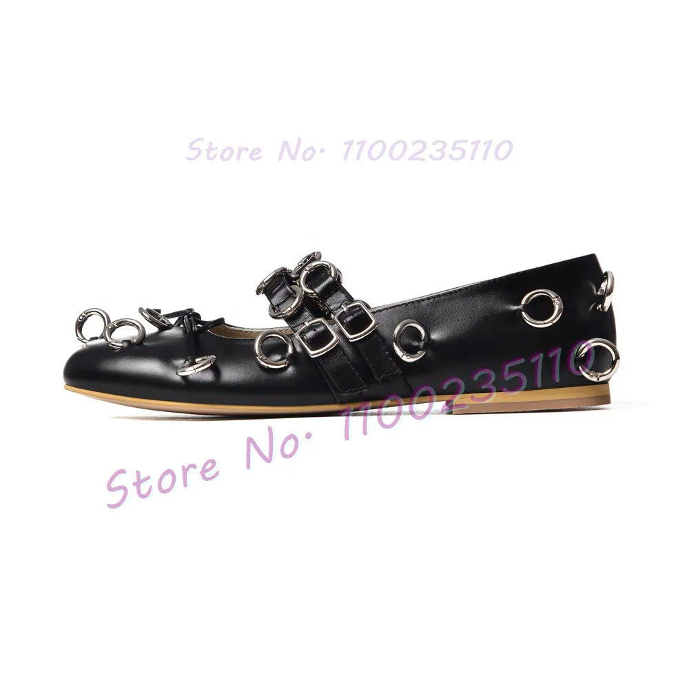 Elegant Round Toe Bow Detail Metal Loop Ballerina Sandals for Women