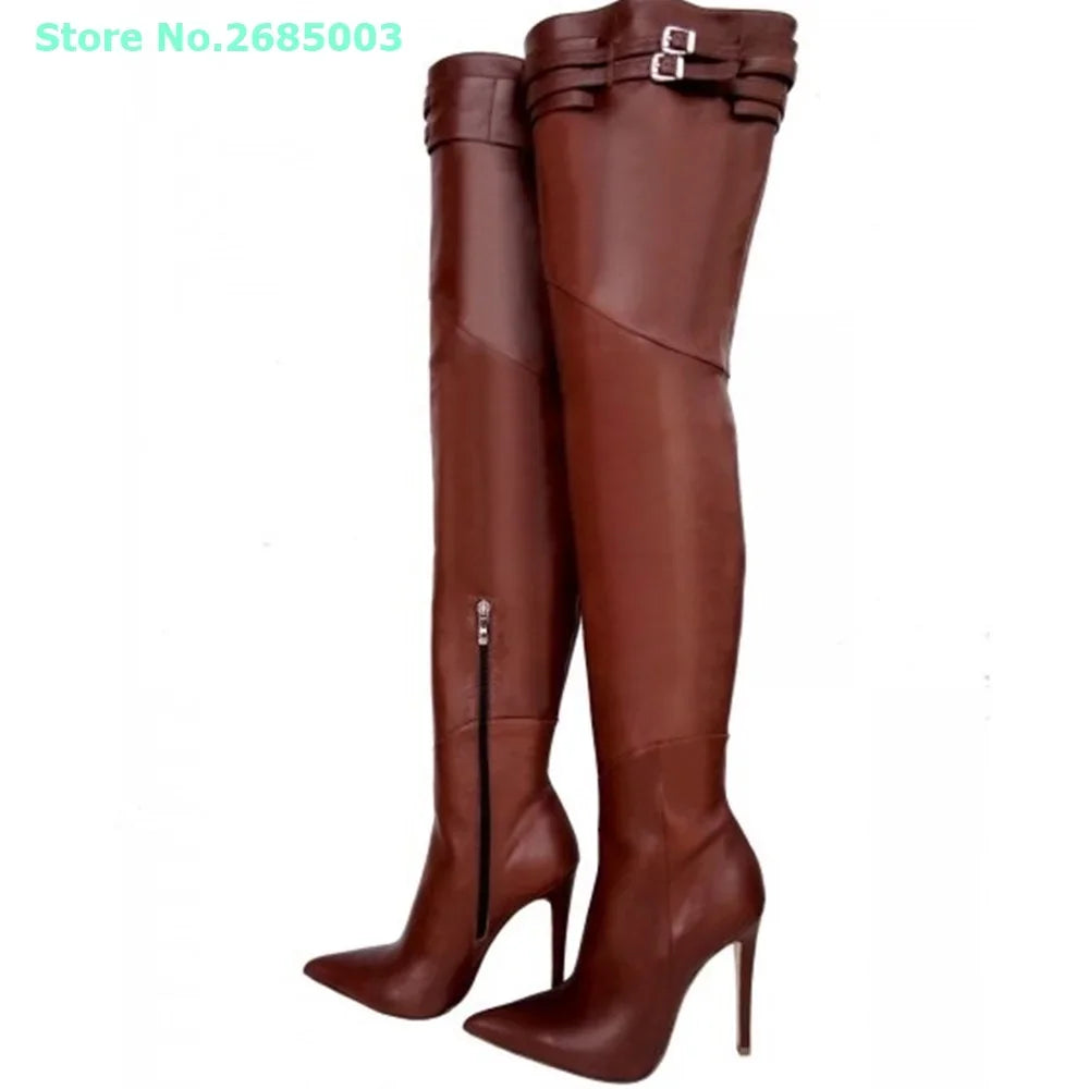 Pointed Toe Solid Leather Over The Knee Boots For Women