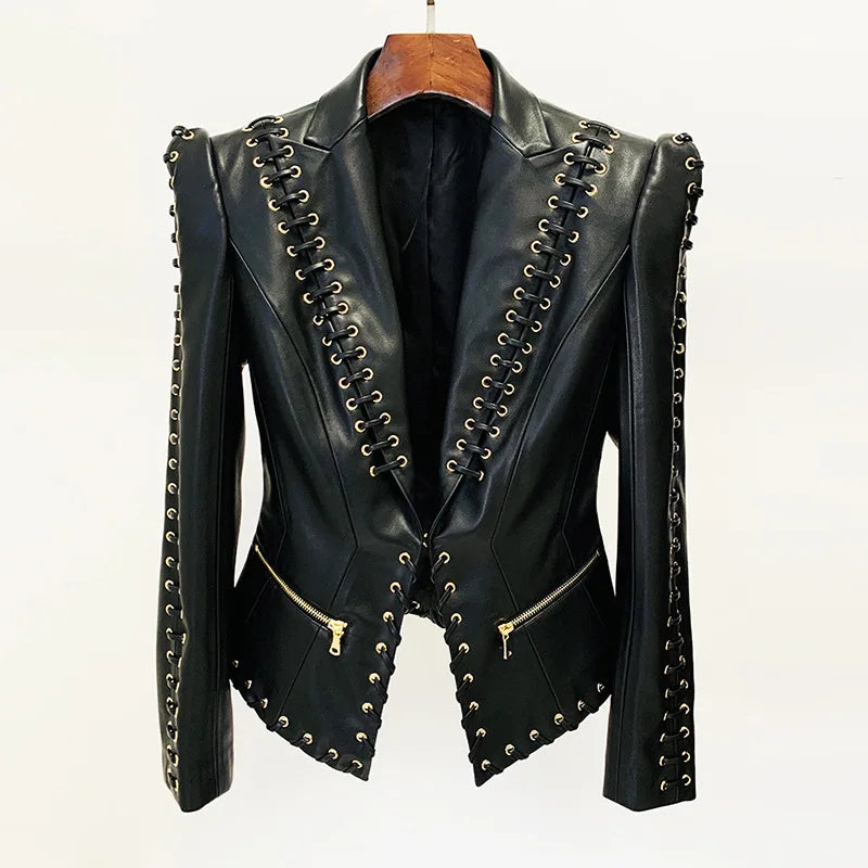 Mandarin Collar Lace-Up Faux Leather Jacket for Women