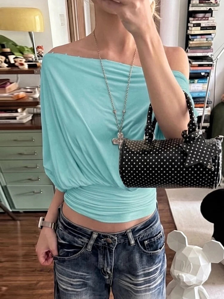 Off Shoulder Pleated Batwing Sleeve T Shirt for Women