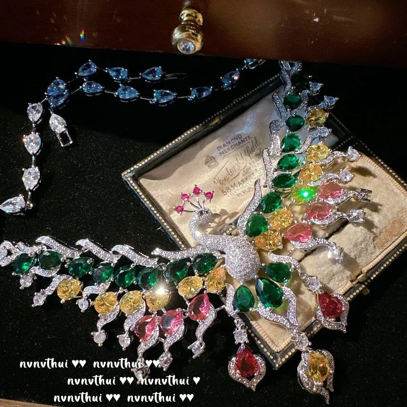 Sparkling Peacock Zircon Necklace and Earring Set for Women