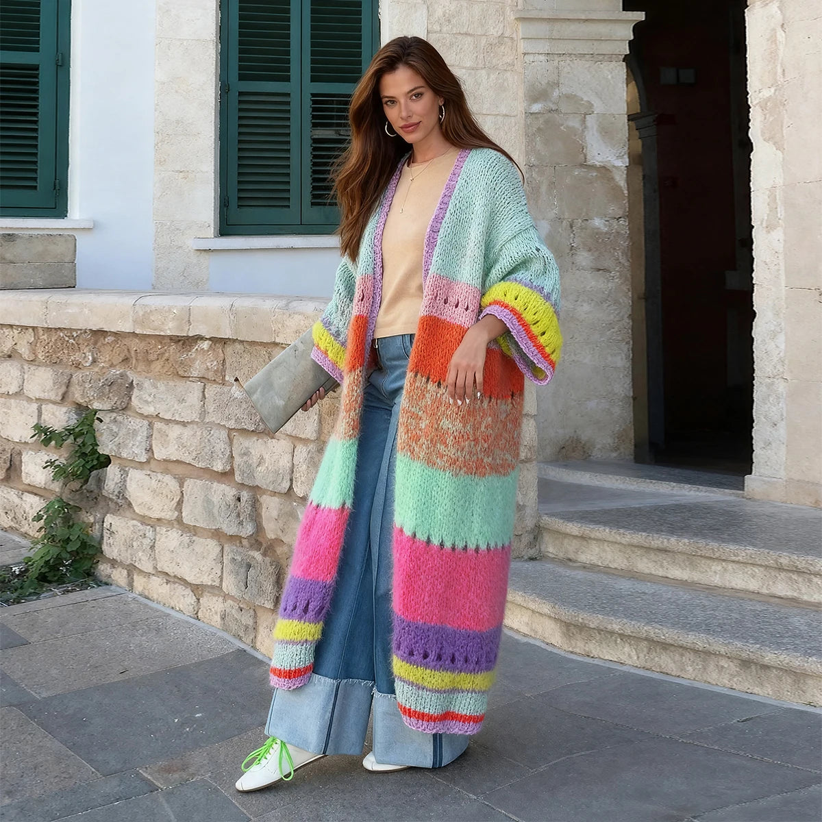 Boho Luxuriously Handknit Bell Sleeve Crochet Loose Knit Sweater Kimono Cardigan Women Fall Winter Coat Beach Coverup Dress K292