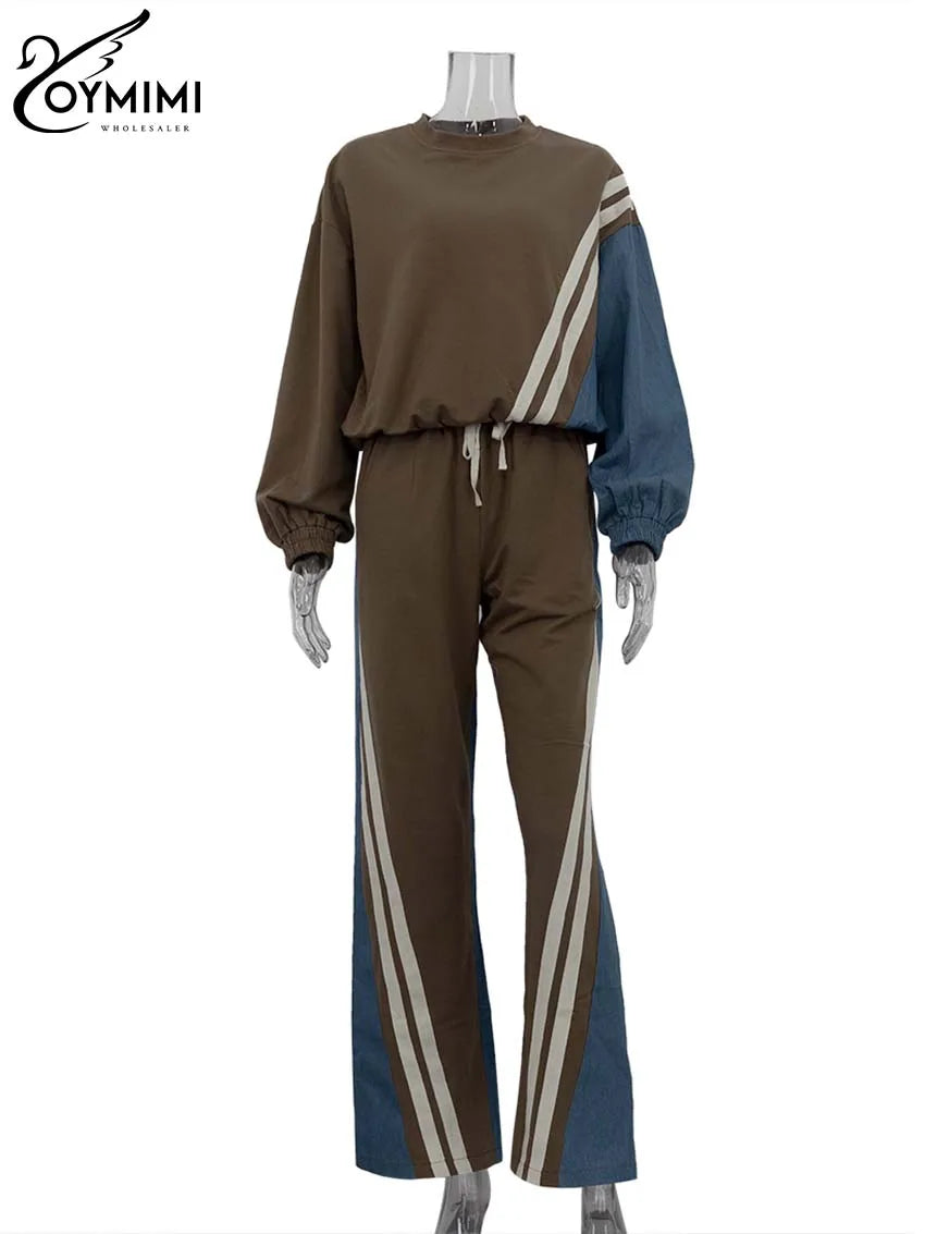 Oymimi Casual Blue Patchwork Sets For Women 2 Pieces O-Neck Long Sleeve Blouse And Drawstring Straight Sweatpants Set Streetwear