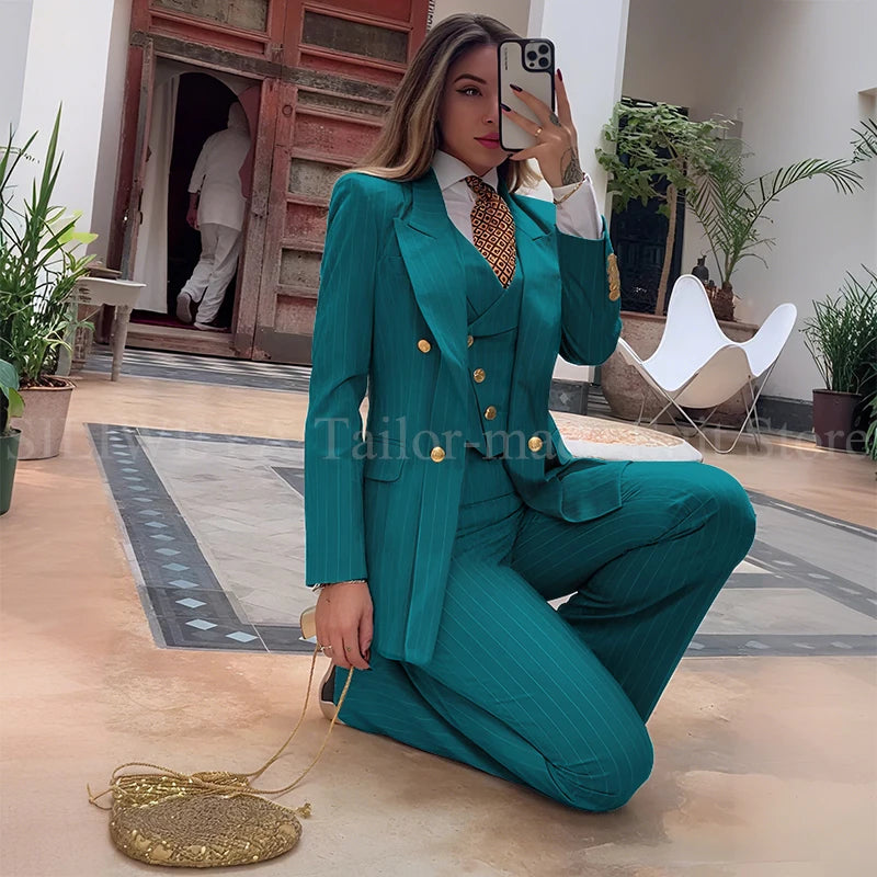 Slim Fit Double Breasted Green Striped Suit Set For Women