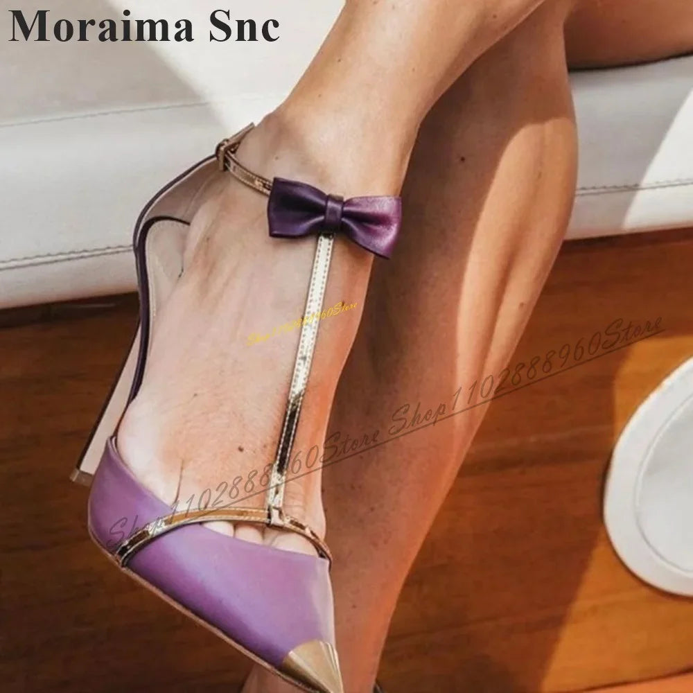 Elegant Pointed Toe T Strap Sandals With Purple Bow For Women