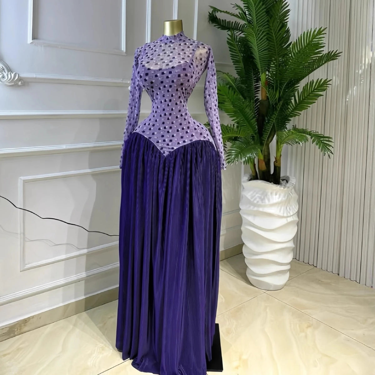 Pleated Stand Collar Maxi Dress With Long Sleeves for Women