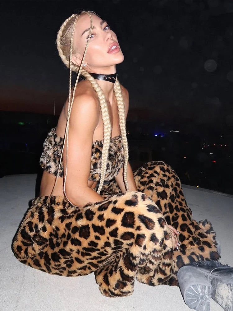 Leopard Print Furry Streetwear Two Piece Set for Women