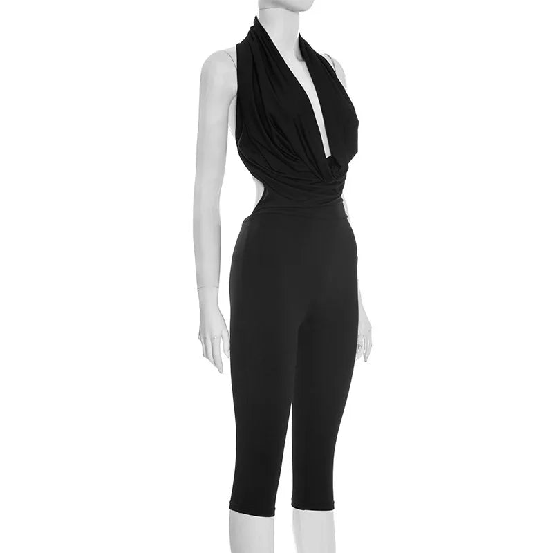 Ruched Halter Neck Lace-Up Capri Jumpsuit for Women