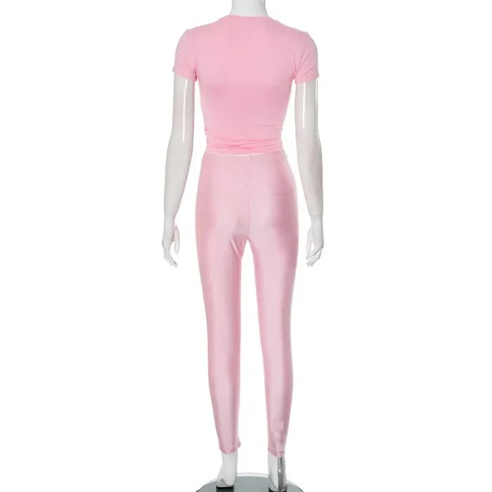 Two Piece Set for Woman Streetwear Solid Round Neck Short Sleeved T-shirt Top and Tight Pants Suit Spring and Summer 2025 New