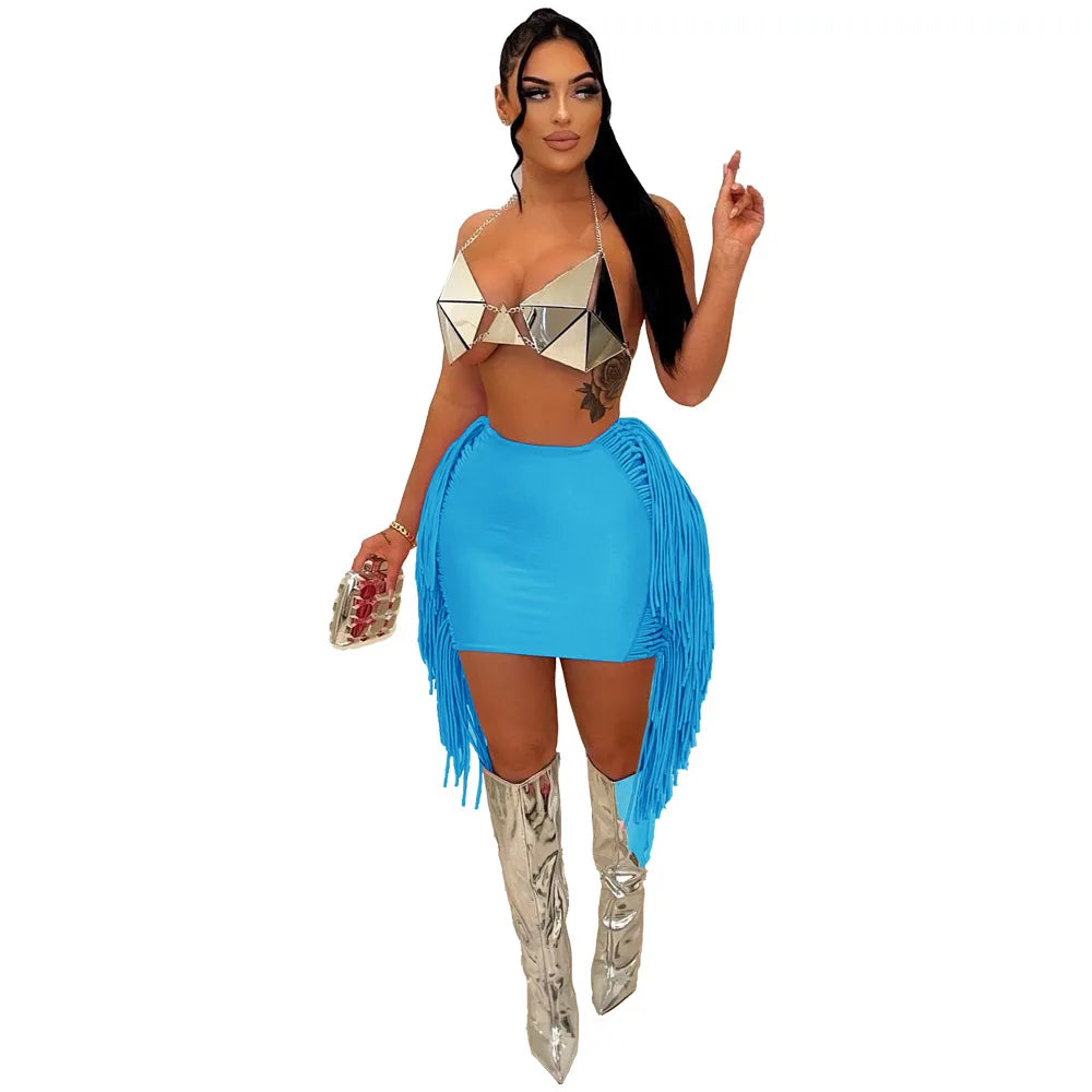 FAGADOER Sexy Tassel Bodycon Mini Skirts Party Club Outfits Women Fashion Chic Streetwear Short Birthday Holidays Skirt Solid