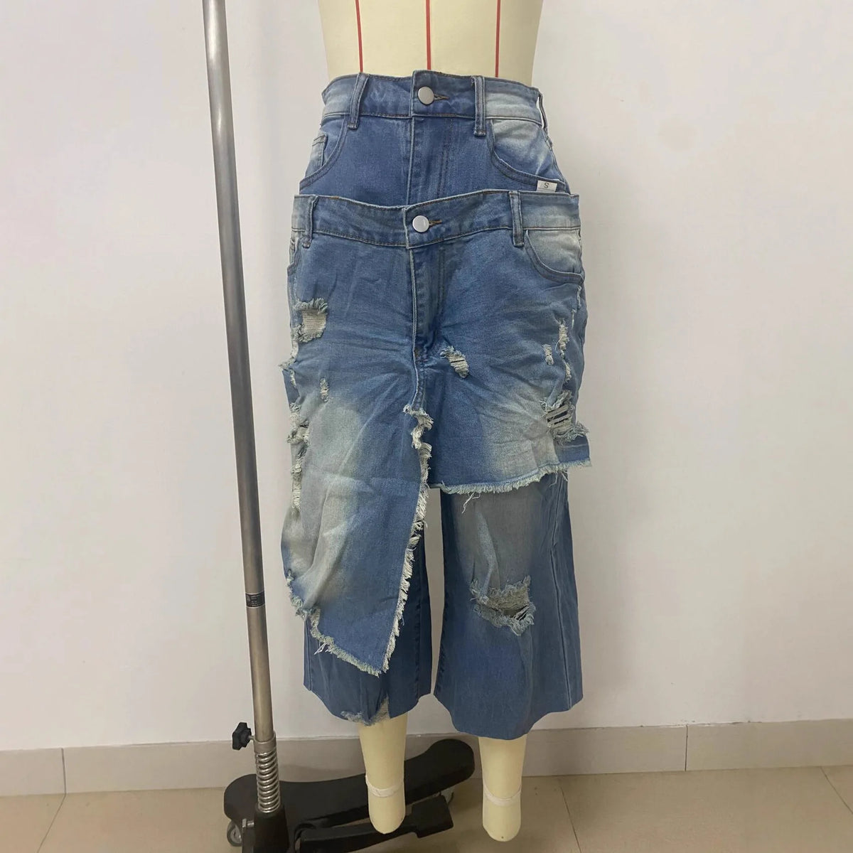 Ripped Ruffle High Waisted Denim Cargo Shorts for Women