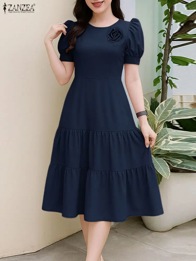Tiered Puff Sleeve Midi Dress