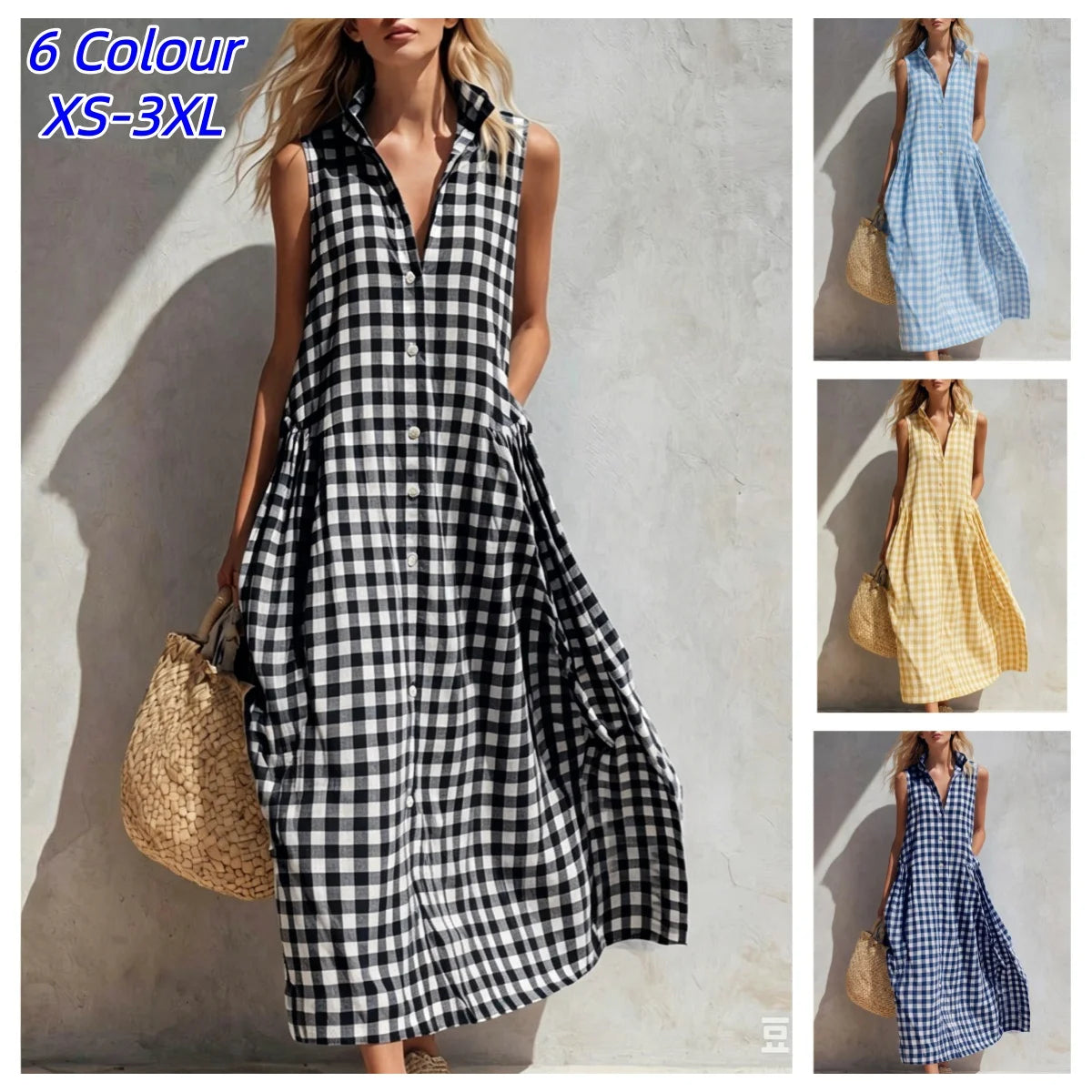 Loose Plaid Sleeveless Single Breasted Maxi Dress for Women