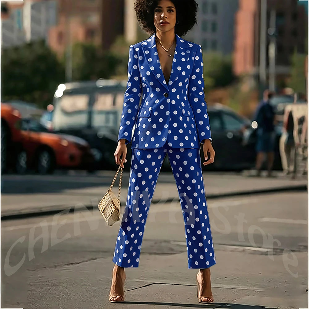 White Polka Dot Women's Suit 2 Pieces New Design Single Button Blazer Ankle Pants Fashion Set Formal Party Business Office Wear