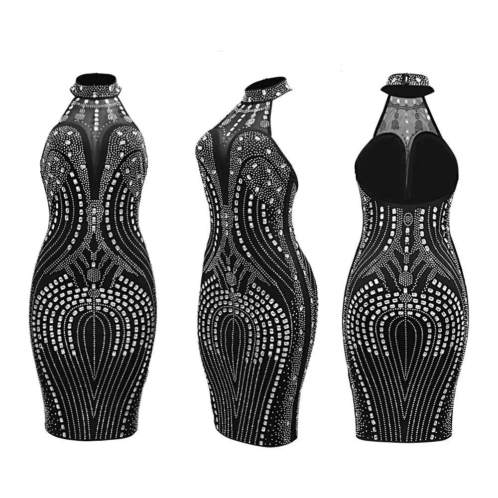 Rhinestone Embellished Sleeveless Bodycon Midi Dress for Women