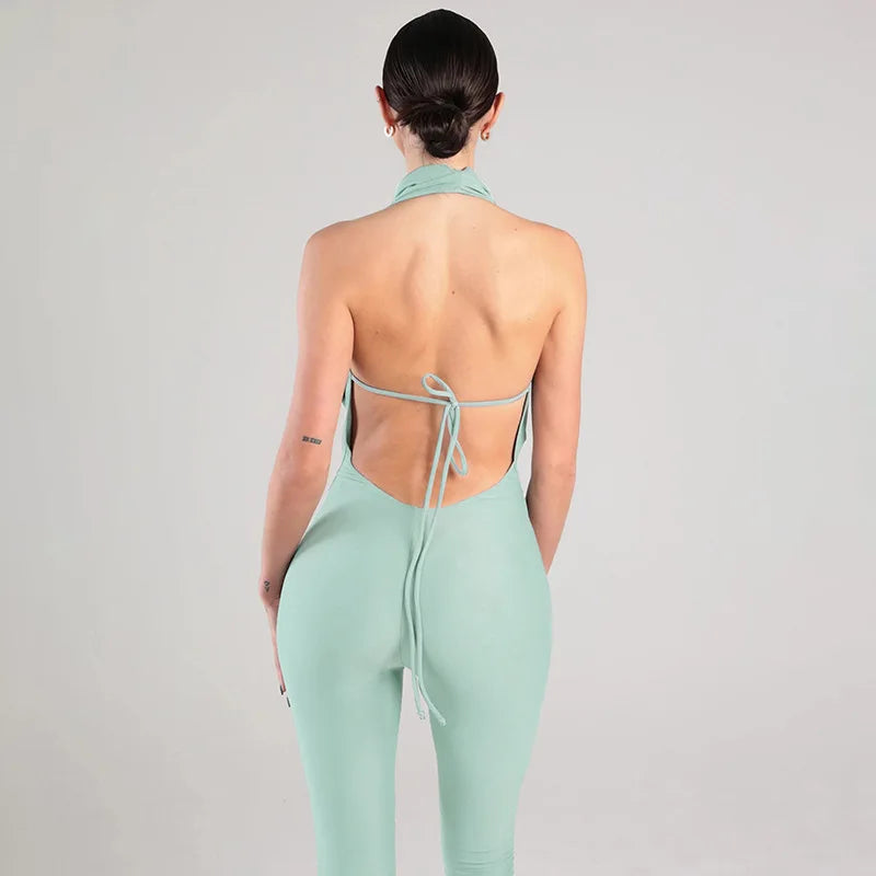 Ruched Halter Neck Lace-Up Capri Jumpsuit for Women