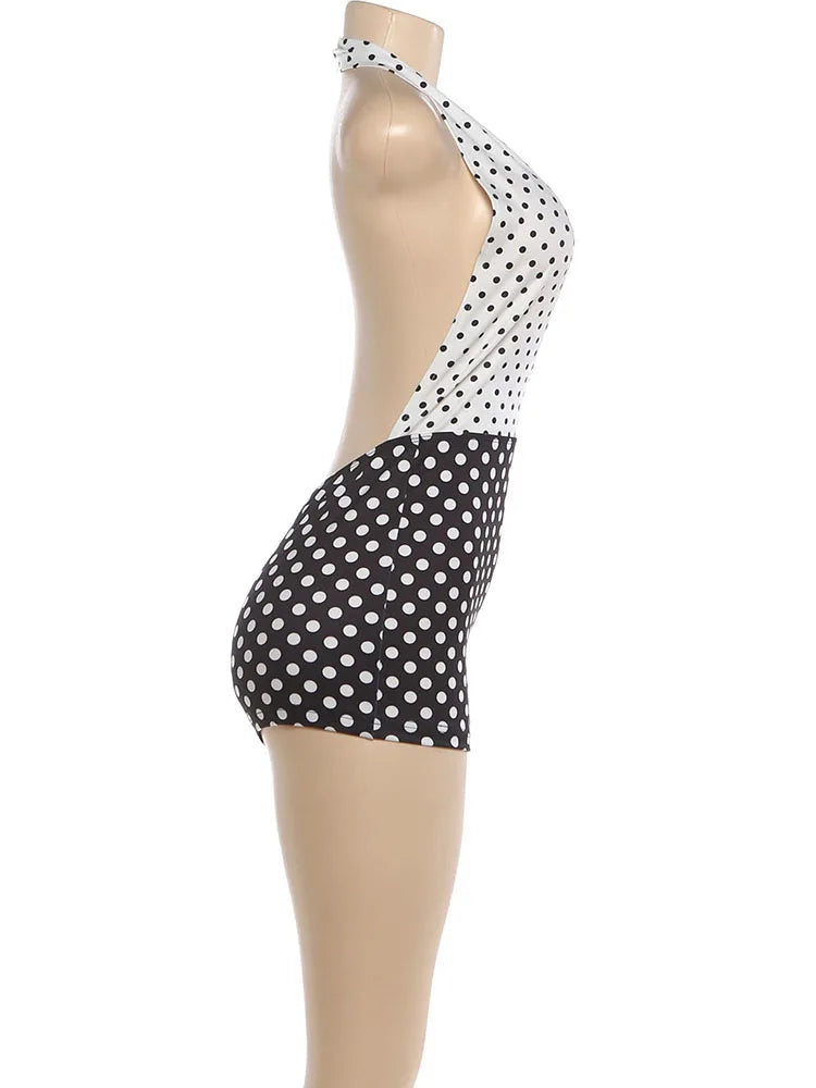 Halter Neck Backless Polka Dot Stretch Romper for Women