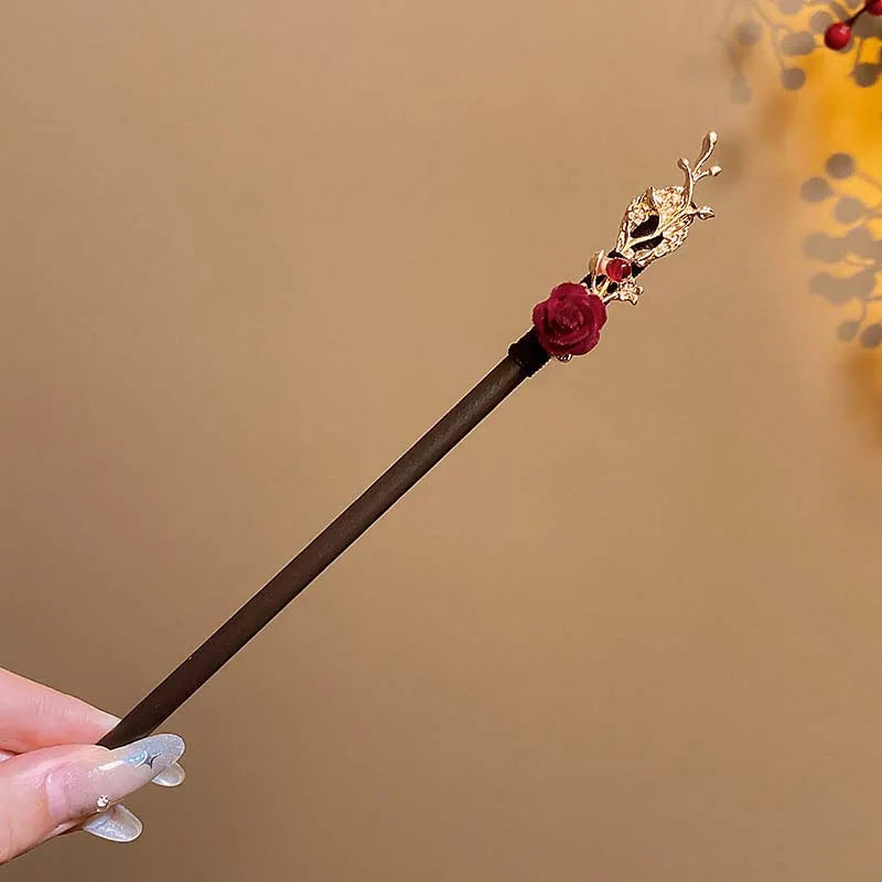 Red Floral Wooden Hanfu Hair Stick