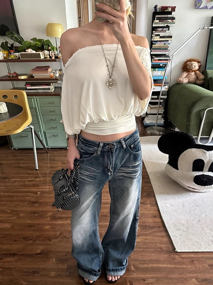 Off Shoulder Pleated Batwing Sleeve T Shirt for Women