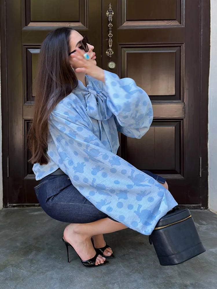 Elegant Printed Long Sleeve Lace Up Collar Blouse for Women