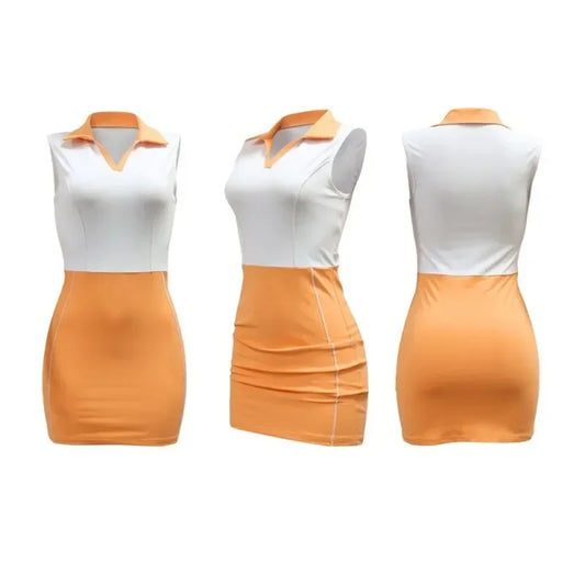 2025 Summer Women's Contrast Patchwork Lapel Sleeveless Bodycon Sporty Mini Dress Holiday Casual Comfort Streetwear S-XXL