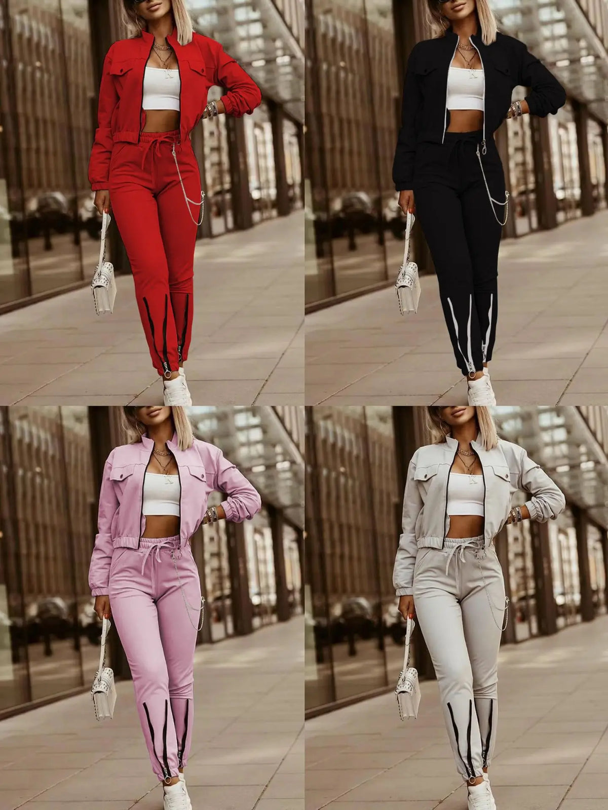 Zipper Long Sleeve Top And Drawstring Pants Set for Women