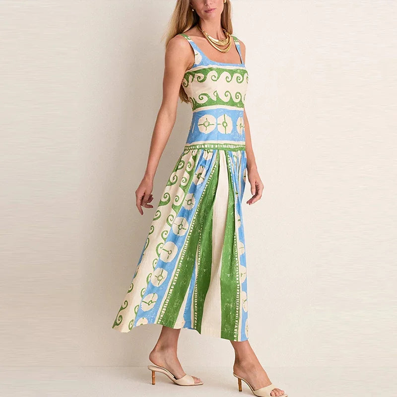 Printed Sleeveless Backless V Neck Midi Dress for Women