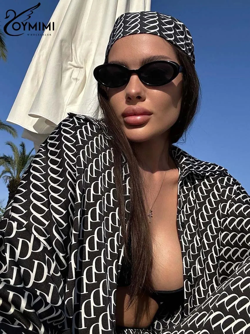 Oymimi Fashion Black Print Womens 2 Piece Outfit Set Elegant Lapel Long Sleeve Shirts And High Waisted Lopse Straight Pants Sets