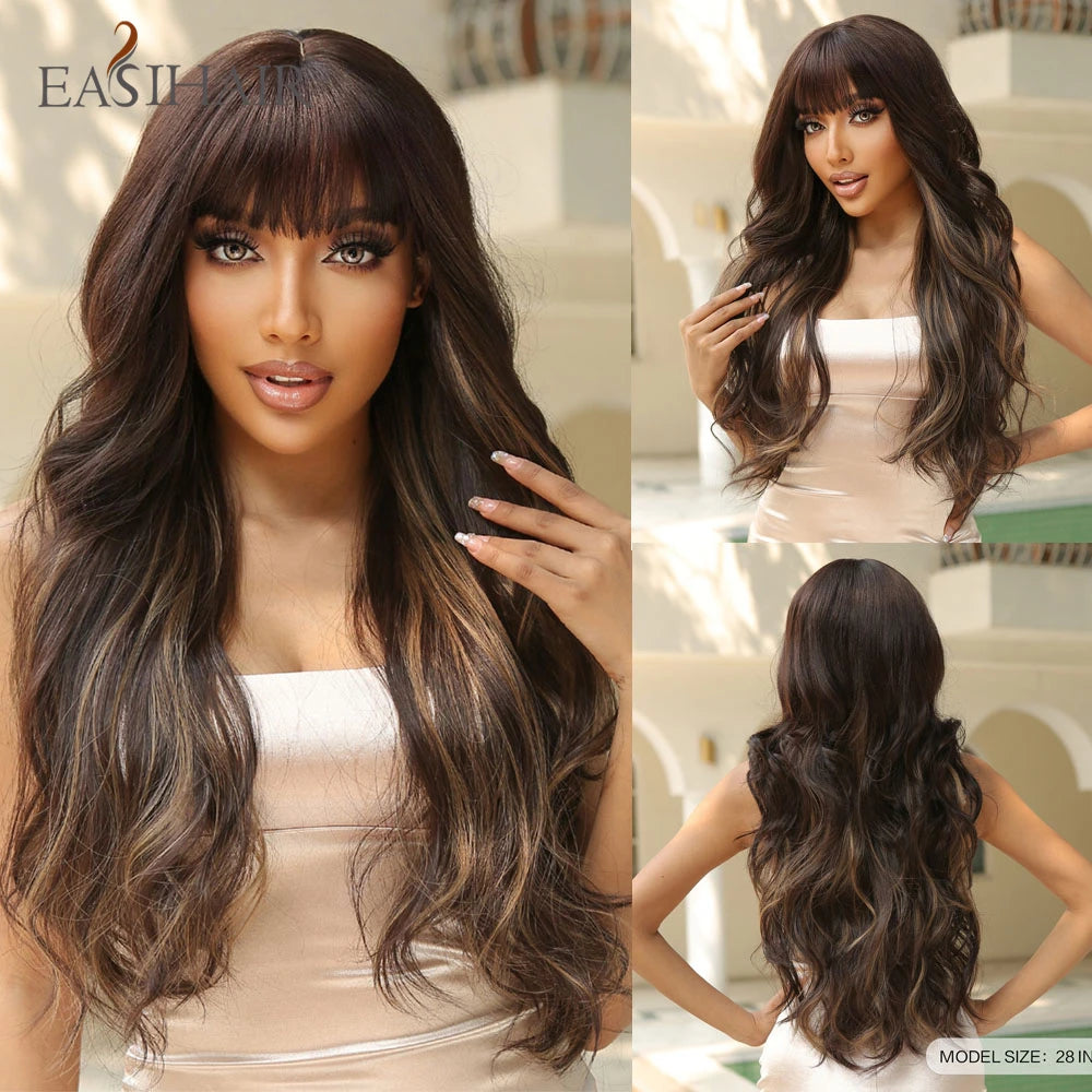 Long Wavy Black Synthetic Wig With Blonde Bangs for Women