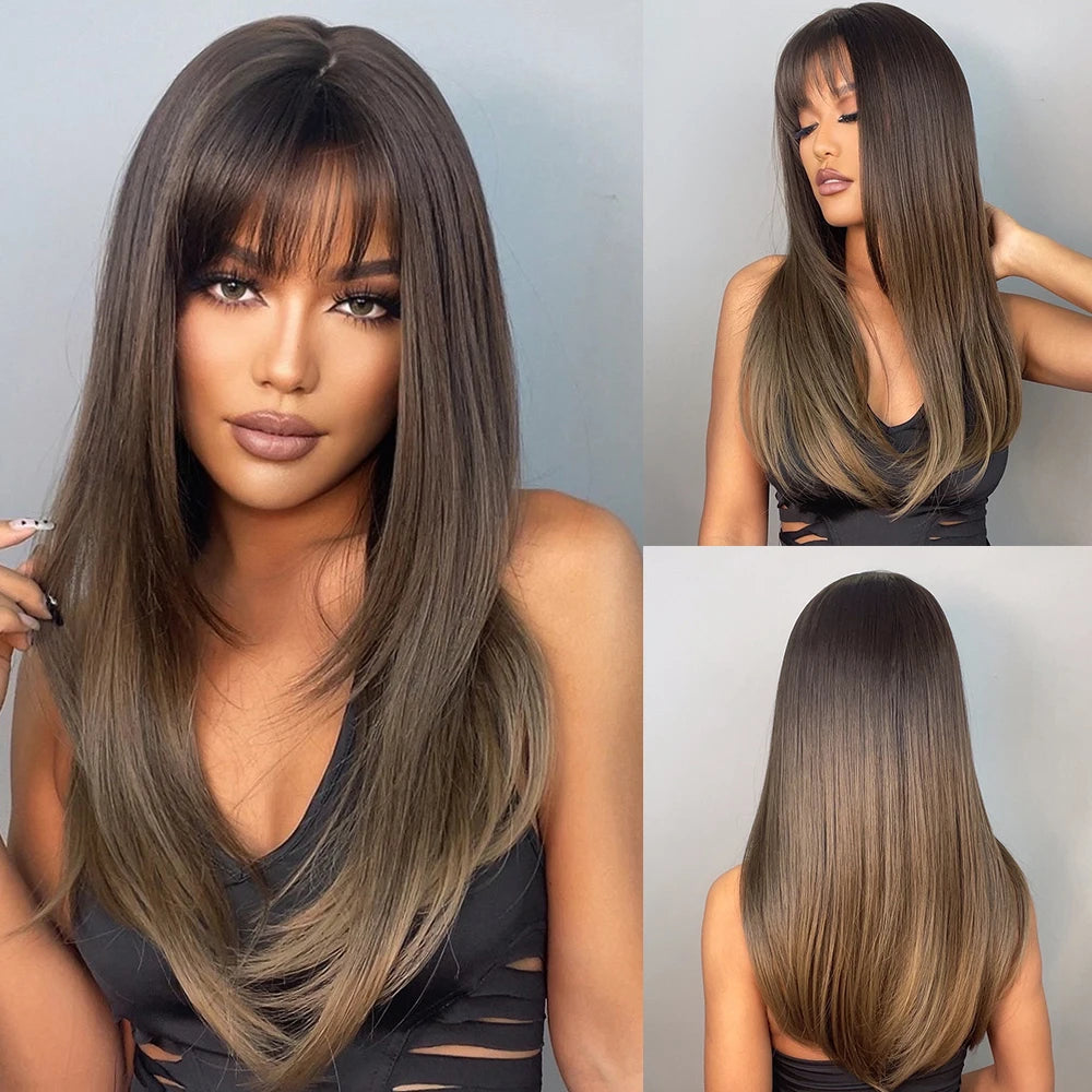 Long Straight Heat Resistant Synthetic Wig With Bangs for Women