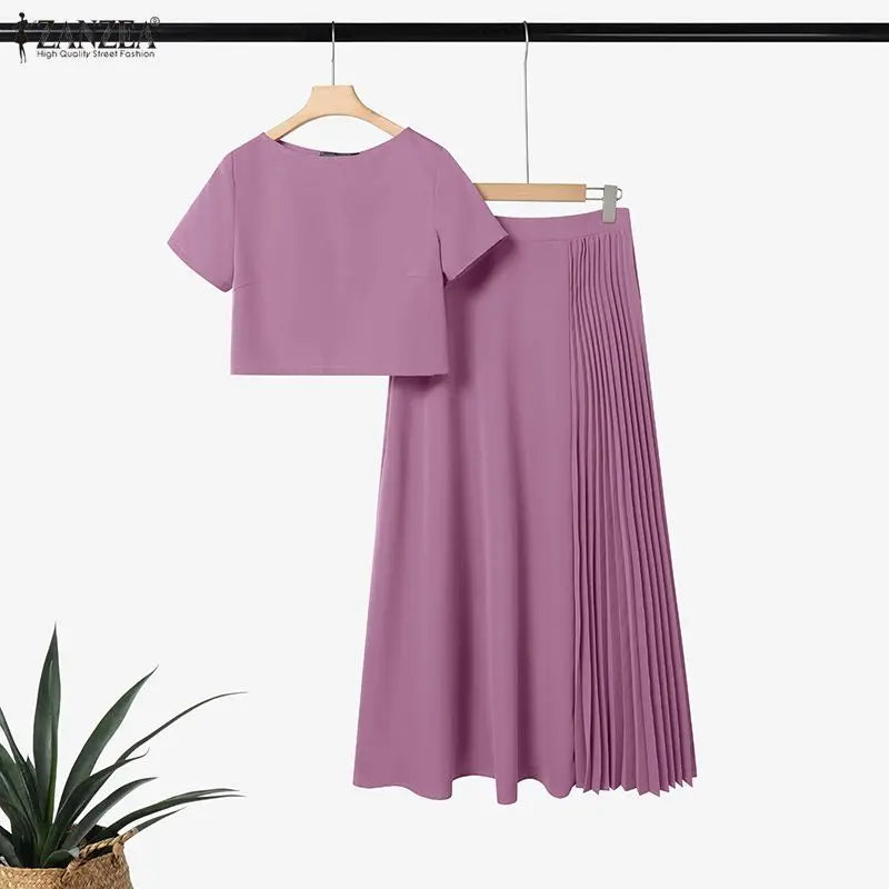 Boatneck Crop Top and Pleated Skirt Set